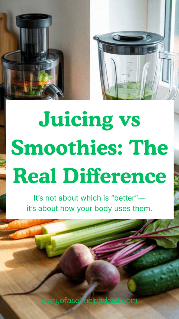 Bright kitchen scene with fresh carrots, celery, cucumbers, and beets on a wooden counter beside a juicer and blender, conveying juicing vs smoothie comparison.