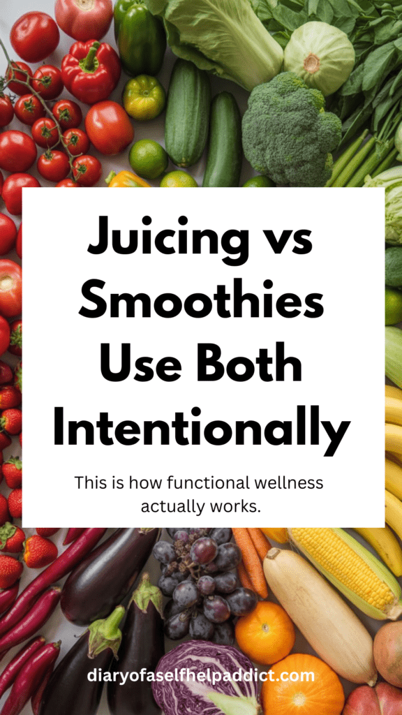 Overhead flat lay of fresh produce arranged by color with text overlay space in the center, signaling “functional nutrition made simple.”