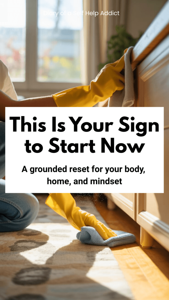 Hands wiping baseboards and cleaning under furniture with sunlight streaming in—highlighting overlooked but impactful home reset tasks for health and air quality.