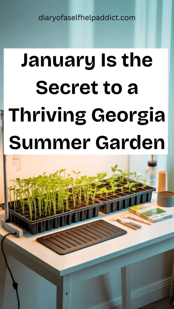 Indoor seed starting setup: grow lights, seed trays, heat mat, small seedlings, neutral background, clean organized look, soft natural light, educational aesthetic.