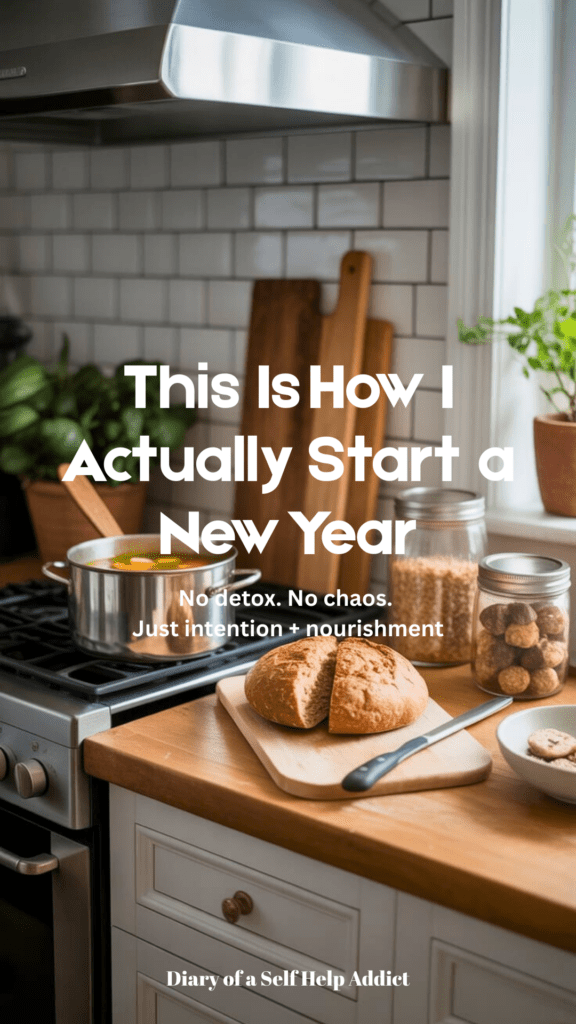 A cozy, light-filled kitchen with a pot of vegetable soup simmering on the stove, homemade sourdough on a cutting board, and jars of granola and protein balls on the counter—signaling nourishment and preparation for the new year.
