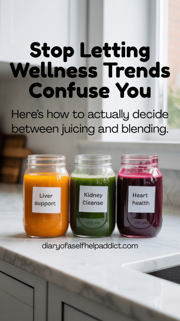 Minimal wellness aesthetic featuring labeled mason jars of colorful juices (orange, green, deep red) representing organ-specific support.
