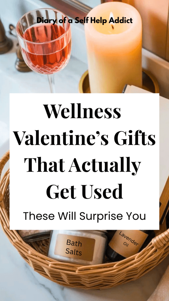 Luxury home spa day basket, magnesium bath salts, essential oils, clay mask, wine glass, candle, book, neutral bathroom aesthetic, self-care Valentine’s Day theme, warm cozy lighting, clean minimal style, Pinterest lifestyle photography, text overlay bottom third