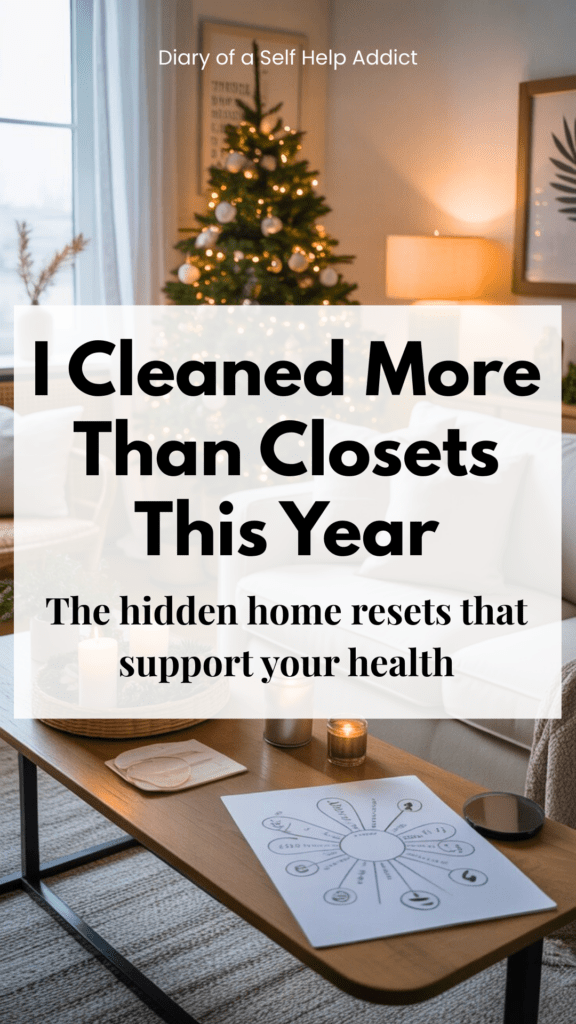 A calm living space with Christmas décor put away, neutral tones, clean surfaces, and a vision board laid out on a table—representing clarity, intention, and a fresh start.