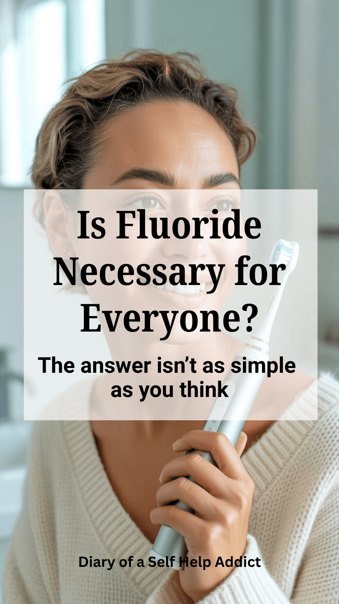 A close-up of a smiling woman holding a toothbrush, with a soft neutral background and a thoughtful, educational mood.