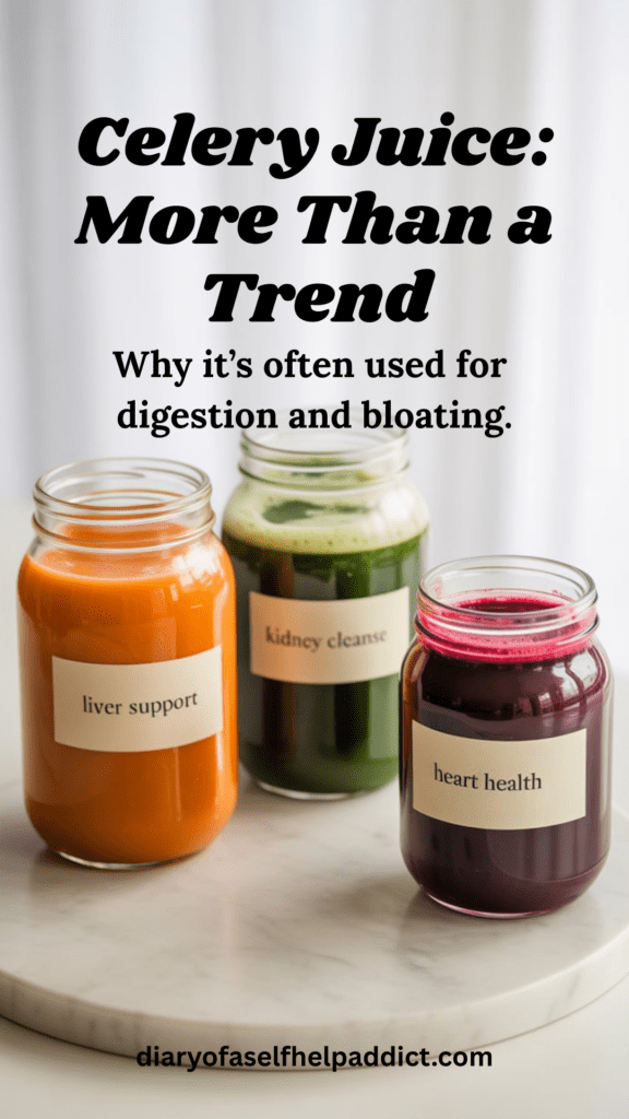 Minimal wellness aesthetic featuring labeled mason jars of colorful juices (orange, green, deep red) representing organ-specific support.