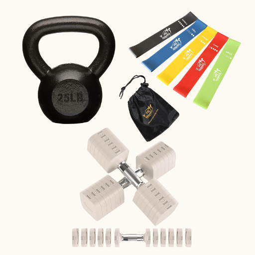 Kettlebell, Adjustable dumbells and Resistance Bands