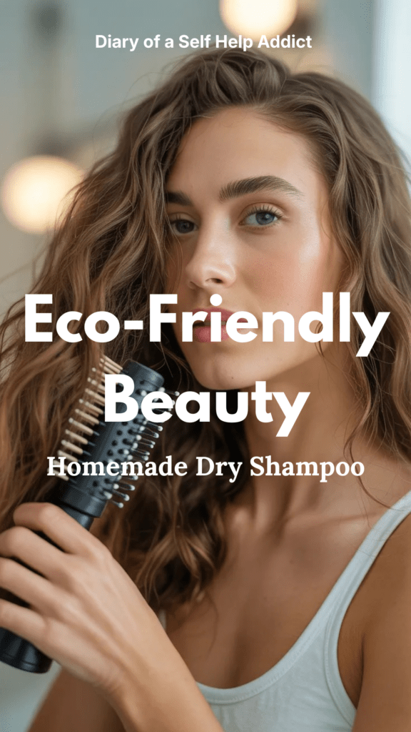 A close-up beauty shot of healthy, voluminous hair being brushed out after dry shampoo application, soft blurred background and natural glow lighting.