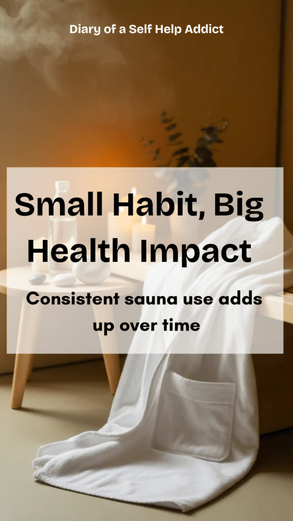 A serene post-sauna scene with a cozy robe, water bottle, and candles arranged in a spa-like home environment emphasizing recovery and calm.