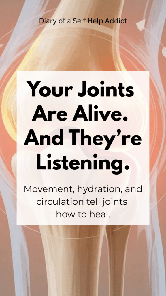 A calm, anatomical illustration of a knee joint with glowing synovial fluid and subtle arrows showing fluid movement, soft neutral colors, educational medical style