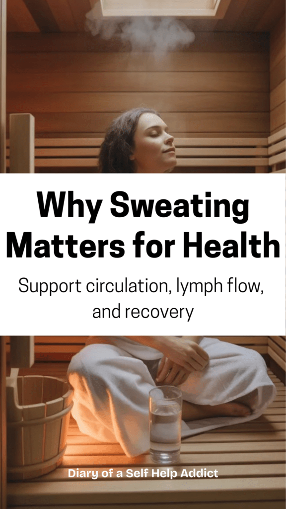 A person sitting peacefully in a home sauna with soft natural lighting, gentle steam rising, a glass of water nearby to suggest hydration and self-care.