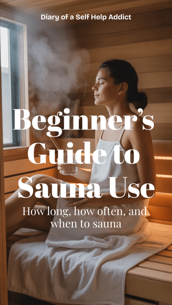 A person sitting peacefully in a home sauna with soft natural lighting, gentle steam rising, a glass of water nearby to suggest hydration and self-care.