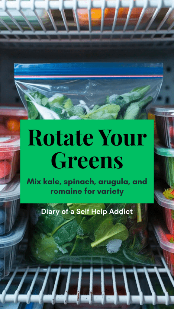 Clear freezer bag filled with chopped kale and spinach, labeled, sitting on a freezer shelf surrounded by frozen fruit.