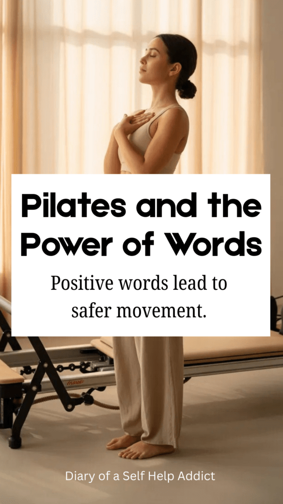 A softly lit Pilates studio with neutral tones, a reformer in the foreground, sunlight filtering through sheer curtains, a woman standing quietly with eyes closed and hands resting over her heart, peaceful and grounded atmosphere, minimalist, airy, serene, natural light, wellness photography style.