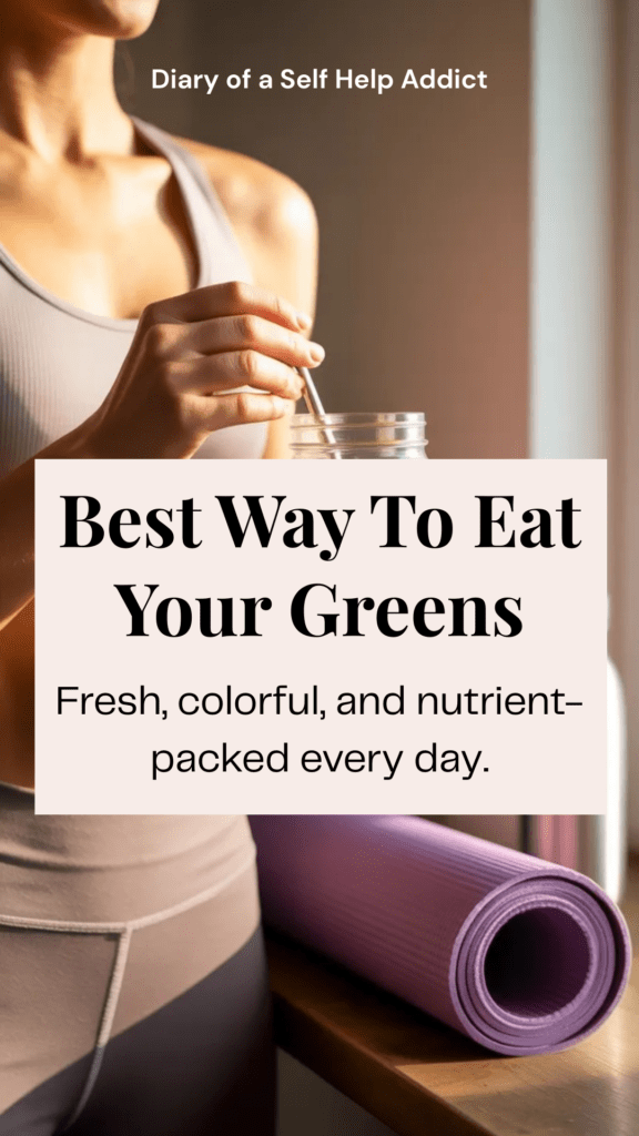 Person holding a green smoothie in a mason jar while in workout clothes, with a yoga mat and water bottle nearby, morning light.