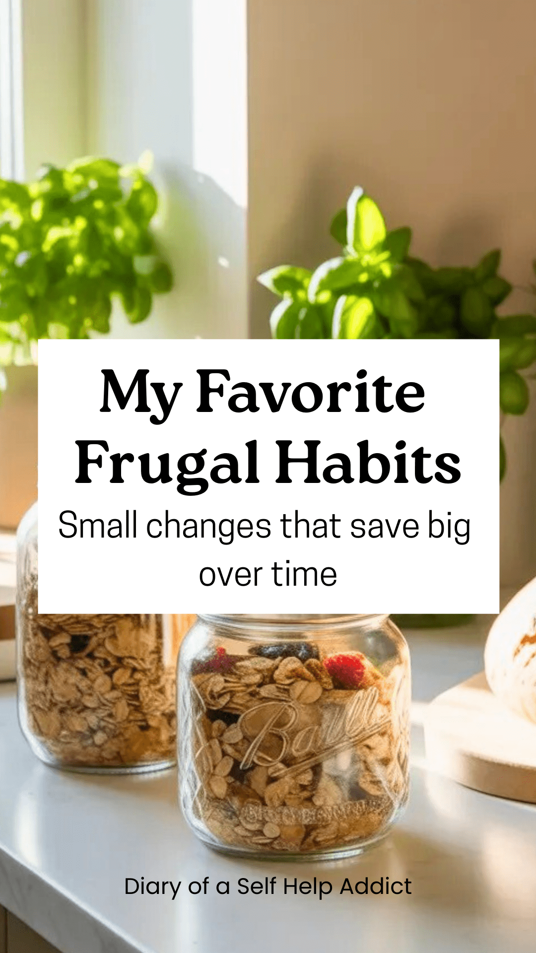 A bright kitchen counter with glass jars of homemade granola, sourdough bread, and fresh herbs in sunlight, clean minimalist aesthetic.
