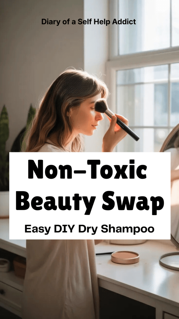 A woman standing at a vanity mirror gently applying powder dry shampoo to her roots with a makeup brush, sunlight streaming in through a window, neutral earthy tones and a calm morning routine aesthetic.