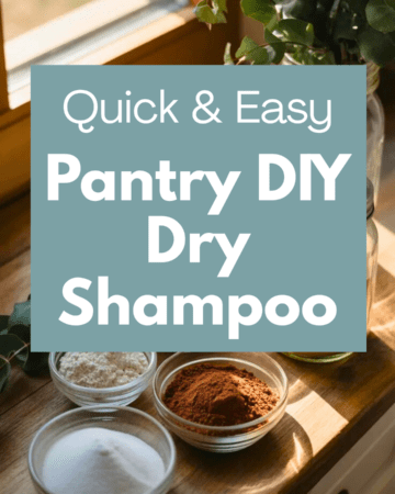 A rustic kitchen counter scene with ingredients arranged neatly: arrowroot powder, kaolin clay, cocoa powder, and a shaker jar, styled with greenery and warm natural light.