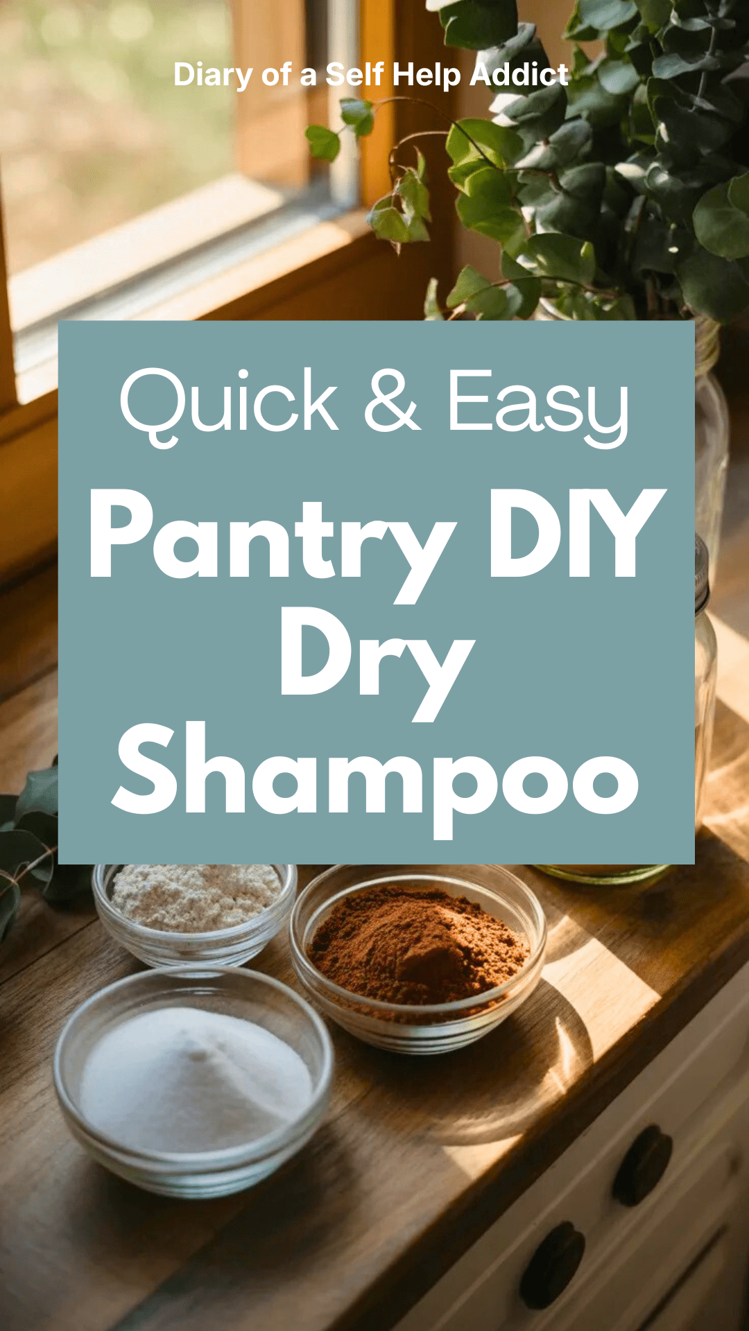 A rustic kitchen counter scene with ingredients arranged neatly: arrowroot powder, kaolin clay, cocoa powder, and a shaker jar, styled with greenery and warm natural light.