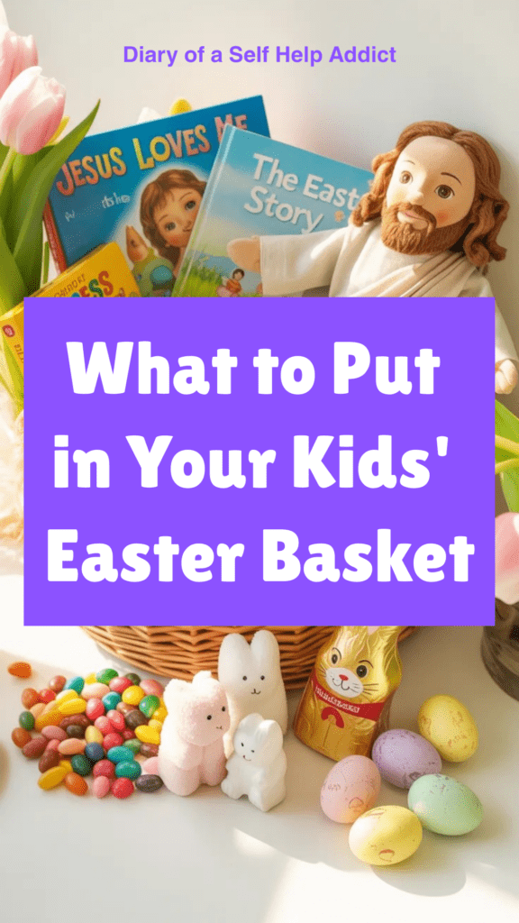 wooden Easter basket with soft neutral crinkle paper, Christian children's book about Easter, small cross, puzzle pieces, crayons, Jesus plush toy, organic candy, light linen background, soft natural lighting, modern farmhouse aesthetic, styled product photography