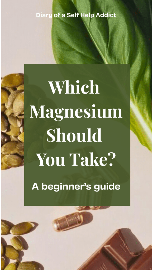Flat lay of magnesium capsules, leafy greens, pumpkin seeds and dark chocolate on a light background showing natural magnesium sources, clean healthy lifestyle aesthetic