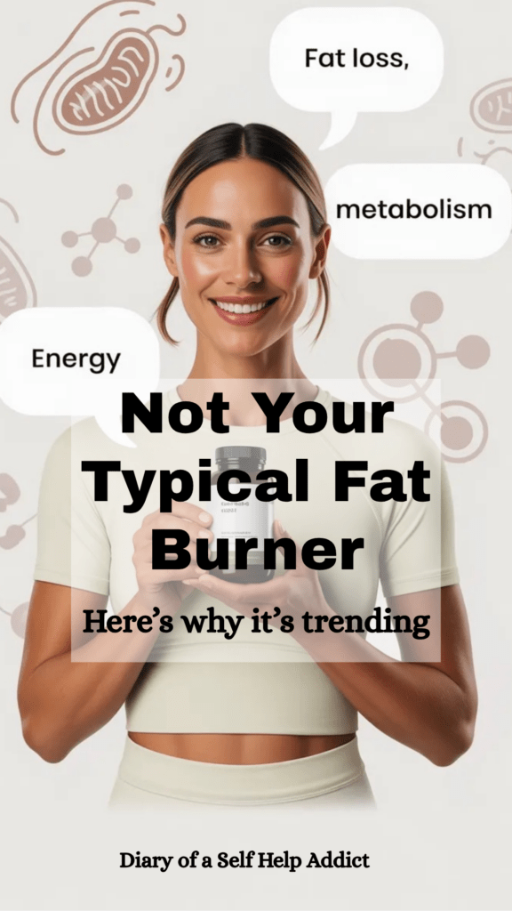A bright, clean wellness-style graphic with a white and soft neutral background. A female wellness influencer (fit but approachable, not overly shredded) holding a supplement bottle. Text bubbles highlight “fat loss,” “metabolism,” and “energy.” Subtle scientific icons (mitochondria, molecules) in the background.