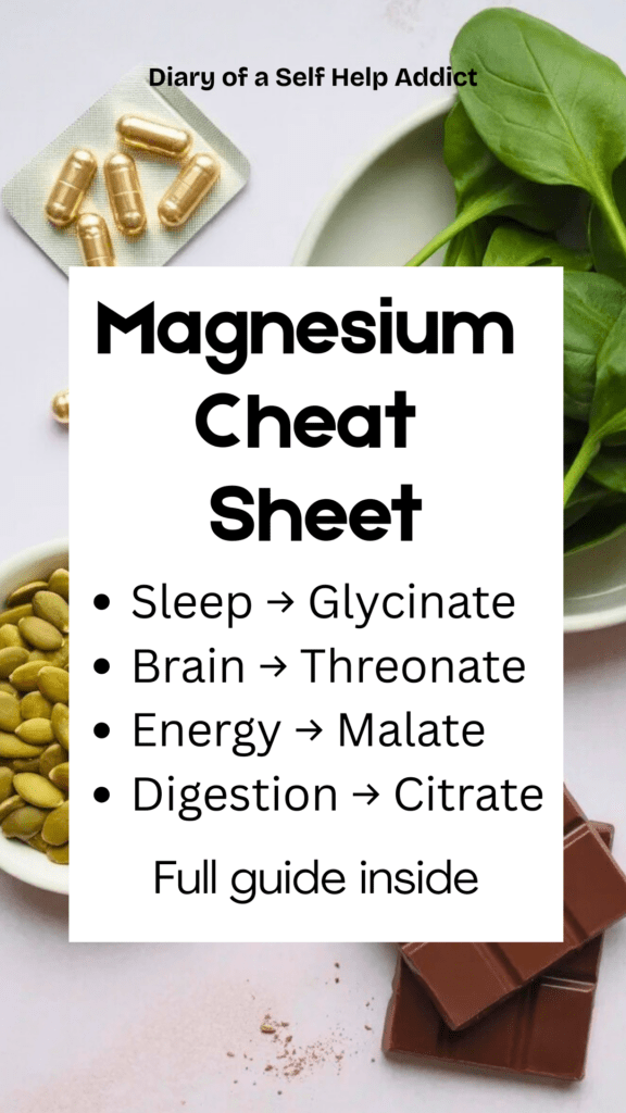 Flat lay of magnesium capsules, leafy greens, pumpkin seeds and dark chocolate on a light background showing natural magnesium sources, clean healthy lifestyle aesthetic