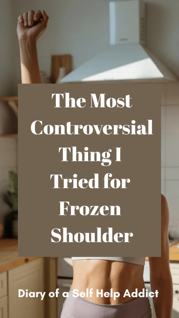 A confident mid-40s woman in athletic wear standing in a bright kitchen lifting one arm fully overhead in natural sunlight, soft neutral tones, hopeful expression, minimal aesthetic, subtle wellness vibe.