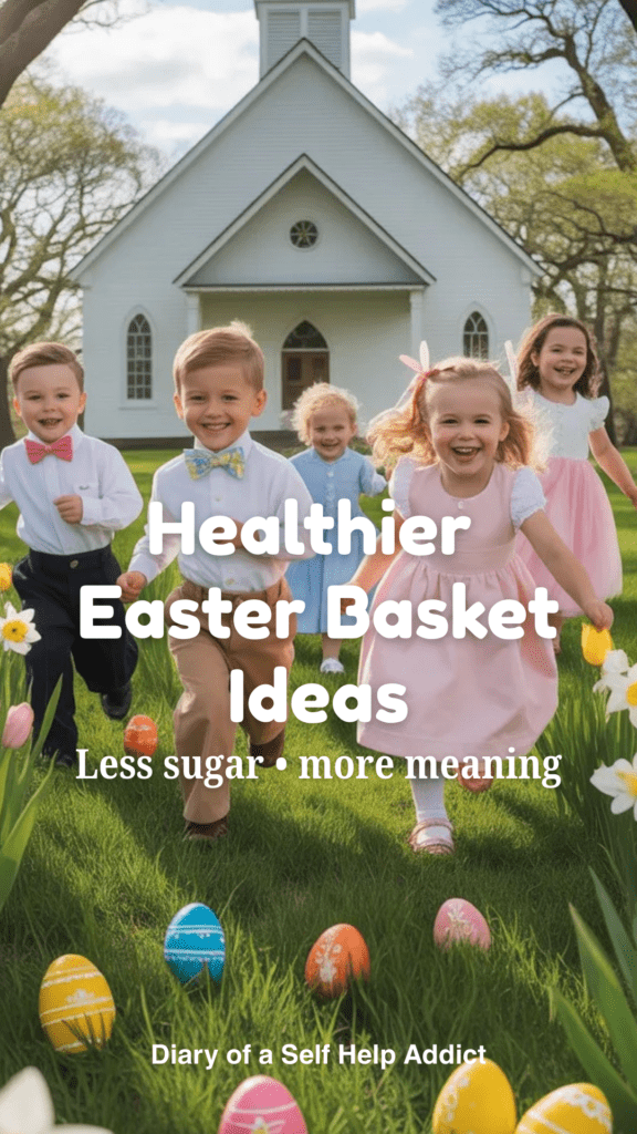 happy young boys and girls dressed in sunday best, looking for easter eggs on a pretty green lawn with a white church in the background.