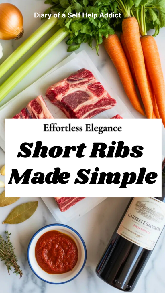 Flat lay of raw bone-in short ribs, carrots, celery, onion, garlic, bay leaves, thyme, tomato paste, and a bottle of Cabernet Sauvignon arranged on marble countertop, natural light, clean food blog style.