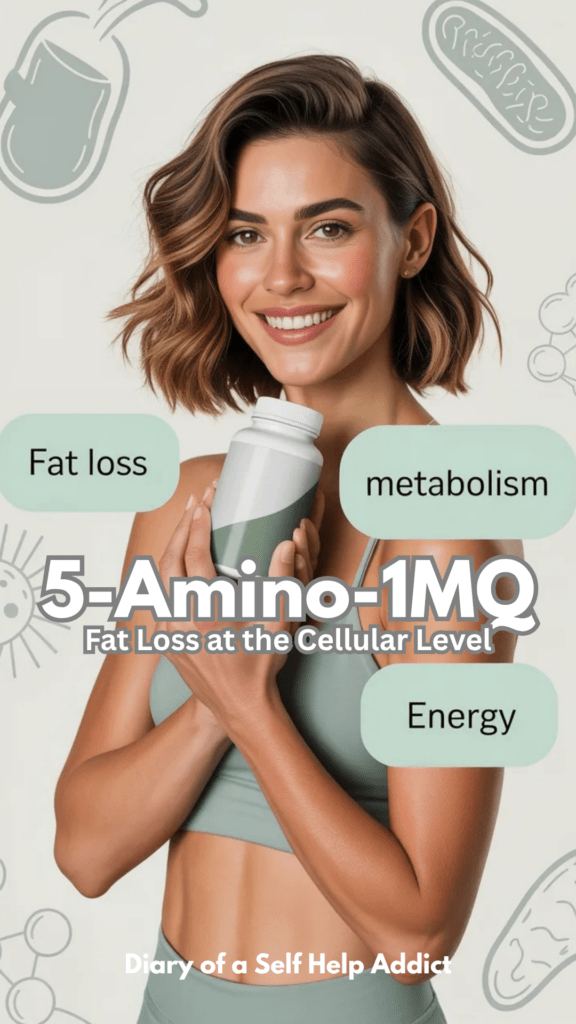 A bright, clean wellness-style graphic with a white and soft neutral background. A female wellness influencer (fit but approachable, not overly shredded) holding a supplement bottle. Text bubbles highlight “fat loss,” “metabolism,” and “energy.” Subtle scientific icons (mitochondria, molecules) in the background.