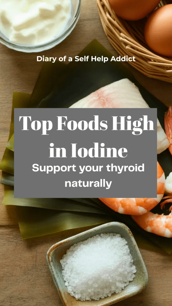 Healthy foods rich in iodine displayed on a wooden table: seaweed, cod fish, shrimp, eggs, yogurt, and iodized salt with small labels identifying each food.
