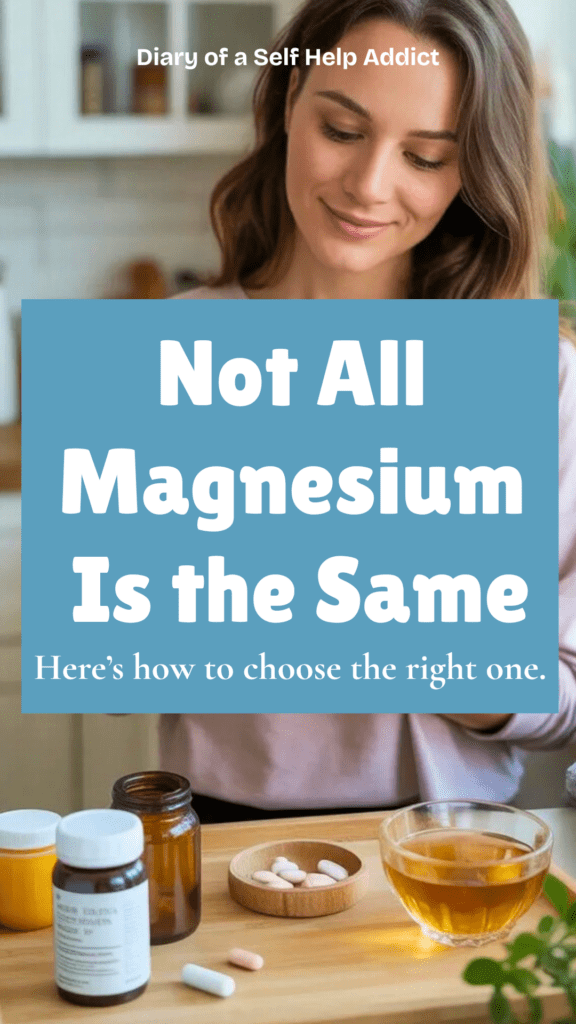 Woman holding a magnesium supplement bottle in a cozy kitchen with herbal tea and supplements nearby, natural lifestyle photography, bright soft lighting, Pinterest wellness blog style