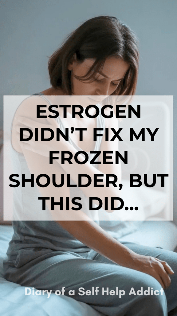 Moody image of woman sitting on edge of bed holding shoulder, soft morning light, slightly desaturated colors, conveys frustration and chronic pain.