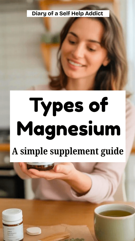 Woman holding a magnesium supplement bottle in a cozy kitchen with herbal tea and supplements nearby, natural lifestyle photography, bright soft lighting, Pinterest wellness blog style