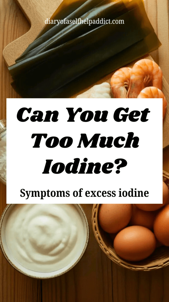 Healthy foods rich in iodine displayed on a wooden table: seaweed, cod fish, shrimp, eggs, yogurt, and iodized salt with small labels identifying each food.