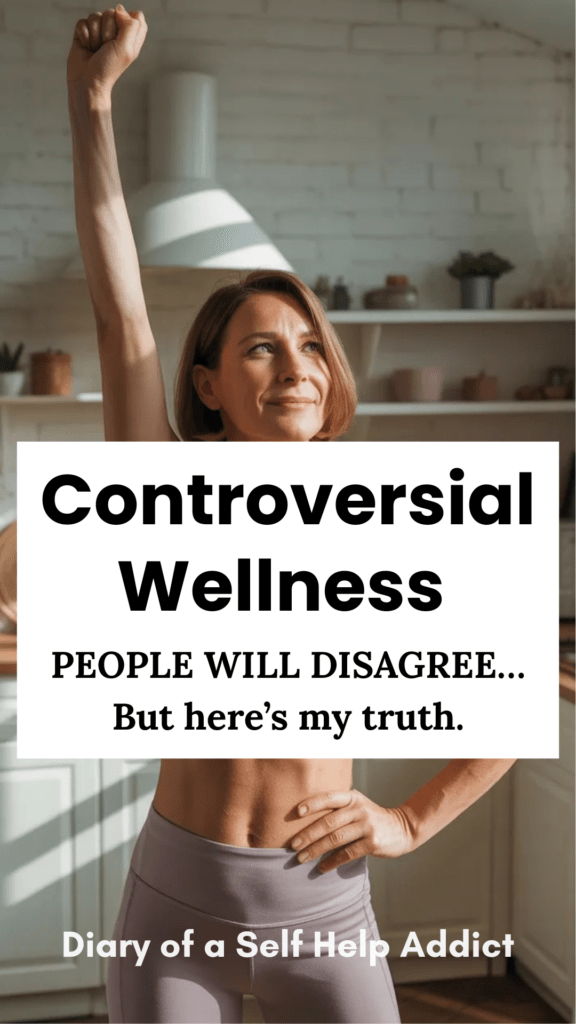 A confident mid-40s woman in athletic wear standing in a bright kitchen lifting one arm fully overhead in natural sunlight, soft neutral tones, hopeful expression, minimal aesthetic, subtle wellness vibe.
