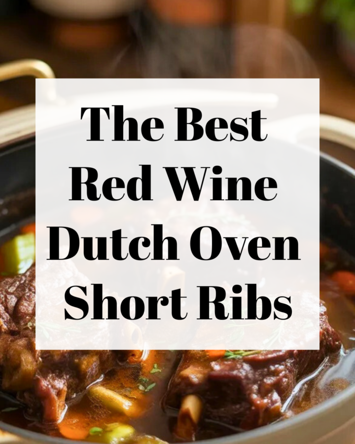 Dutch oven placed on wooden table with lid slightly open, tender short ribs inside, herbs and vegetables visible, cozy kitchen backdrop, soft golden lighting, home-cooked comfort food style.