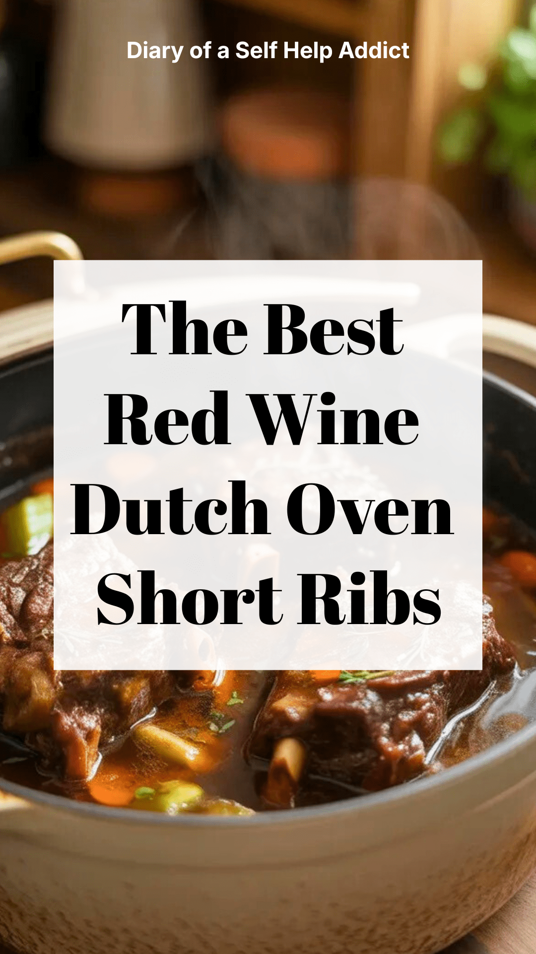 Dutch oven placed on wooden table with lid slightly open, tender short ribs inside, herbs and vegetables visible, cozy kitchen backdrop, soft golden lighting, home-cooked comfort food style.