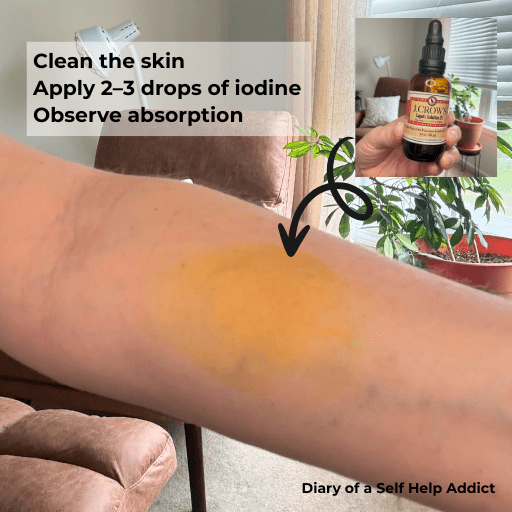topical iodine instructions with image of my forearm and a brown stain