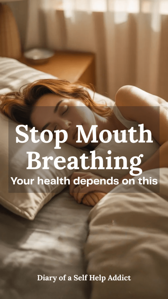 Peaceful bedroom scene with a woman sleeping comfortably with mouth closed, soft lighting, cozy bedding, calming atmosphere. Subtle text space for “breathe better, sleep better.”