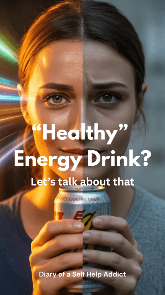 Split image: energized, glowing woman on one side… faded, anxious, exhausted version on the other—with the same drink in hand.