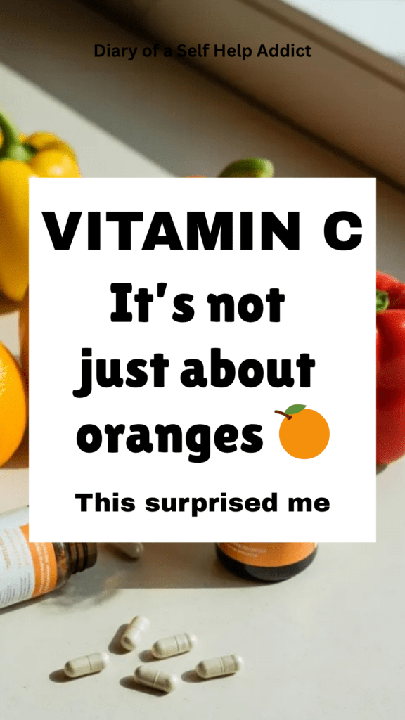 Bright citrus + bell peppers flat lay (natural light) and vitamin c capsules on the counter