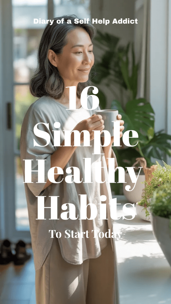 A calm, natural morning scene inside a bright, minimal home. A woman in her 40s or 50s (effortlessly healthy, relaxed, no heavy makeup) is standing near a sunlit window holding a warm cup of water or tea. Soft neutral tones, plants in the background, light flowing in. Shoes are neatly placed by the front door in the background. The overall feeling is peaceful, grounded, and healthy—not staged or glamorous.