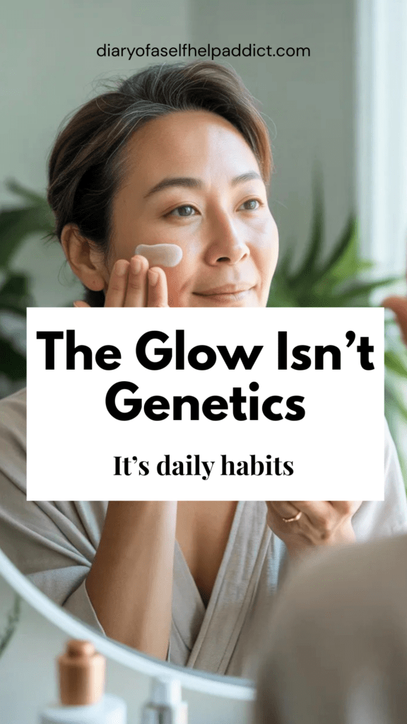 Soft, glowing morning light in a calm, minimal home. A woman in her 40s or 50s with natural, radiant skin is applying skincare in front of a mirror. Neutral tones, clean space, plants, peaceful mood. Skin looks hydrated and healthy, not overly made up.