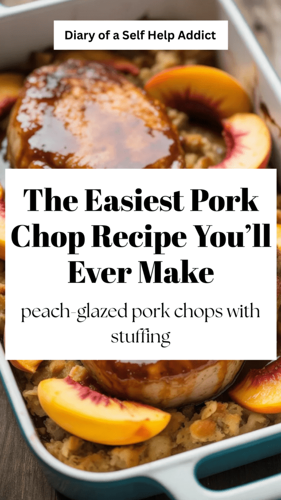 A 13x9 baking dish filled with stuffing and peaches, topped with pork chops coated in a thick peach glaze. A few extra peach slices are layered on top for color. Steam rising slightly for that fresh-from-the-oven feel.