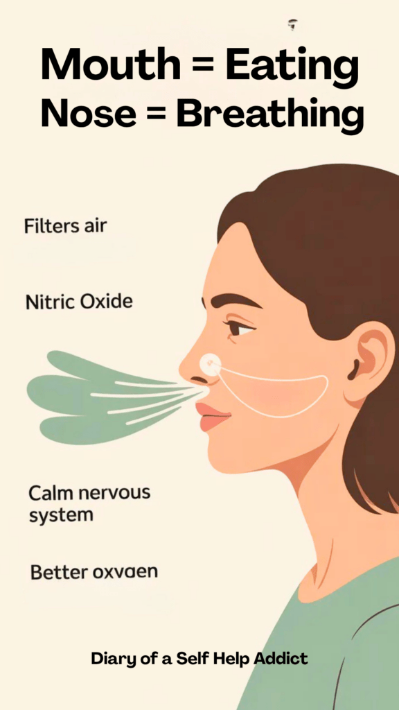 Minimalist wellness infographic showing a human profile with airflow through the nose, highlighting benefits like “filters air,” “nitric oxide,” “calm nervous system,” “better oxygen flow.” Soft beige and sage green color palette, modern clean design.