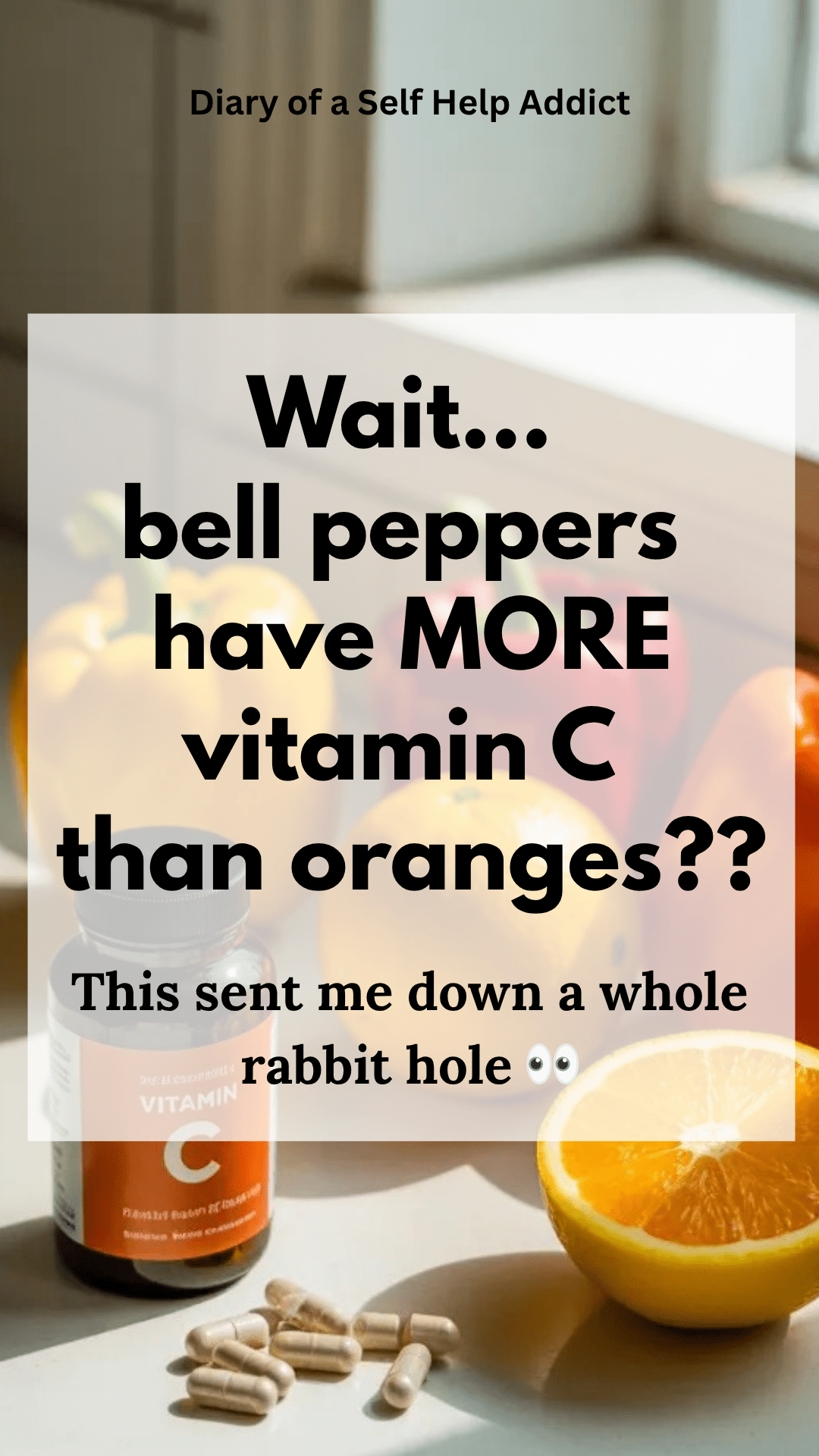 Bright citrus + bell peppers flat lay (natural light) and vitamin c capsules on the counter