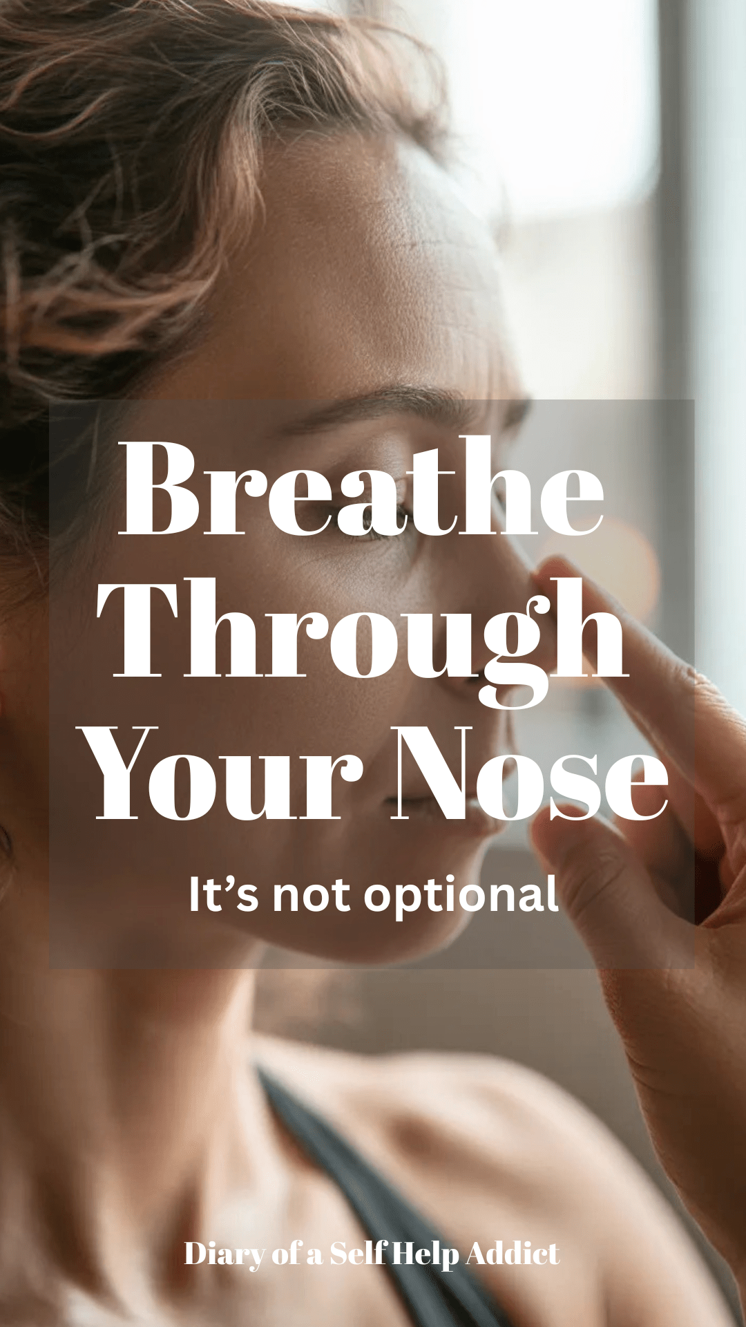 Close-up of a woman practicing alternate nostril breathing with hand gently closing one nostril, calm expression, yoga-inspired setting, warm natural light, serene and grounded mood.