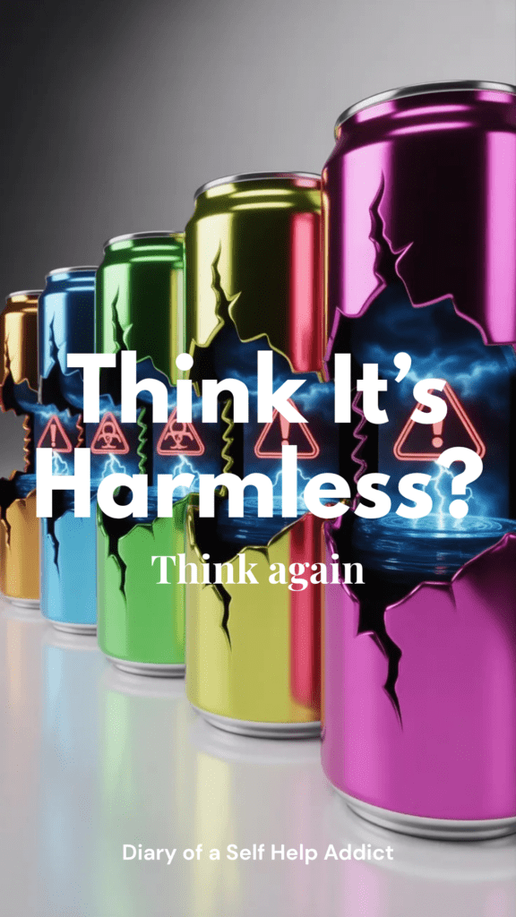 Bright, trendy energy drink cans lined up perfectly… but cracked open to reveal warning icons or stormy visuals inside.